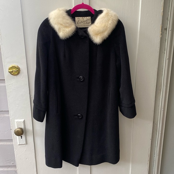 VINTAGE Wool & Fur Collar 50's 60's Black White Swing Coat Medium Union Made - Picture 1 of 14